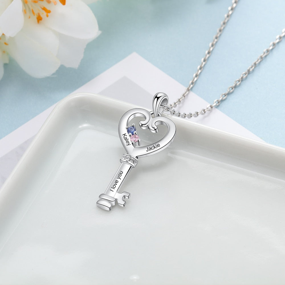 Personalized Key Necklaces Charm Pendant with Heart Engraved Names Memory Jewelry Customized Stones Cute Gift for Women-Florence Scovel