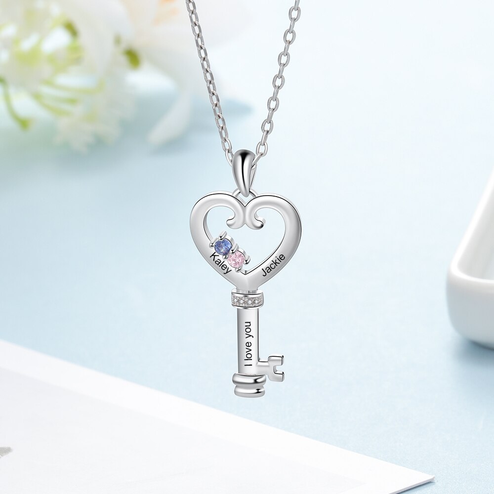 Personalized Key Necklaces Charm Pendant with Heart Engraved Names Memory Jewelry Customized Stones Cute Gift for Women-Florence Scovel