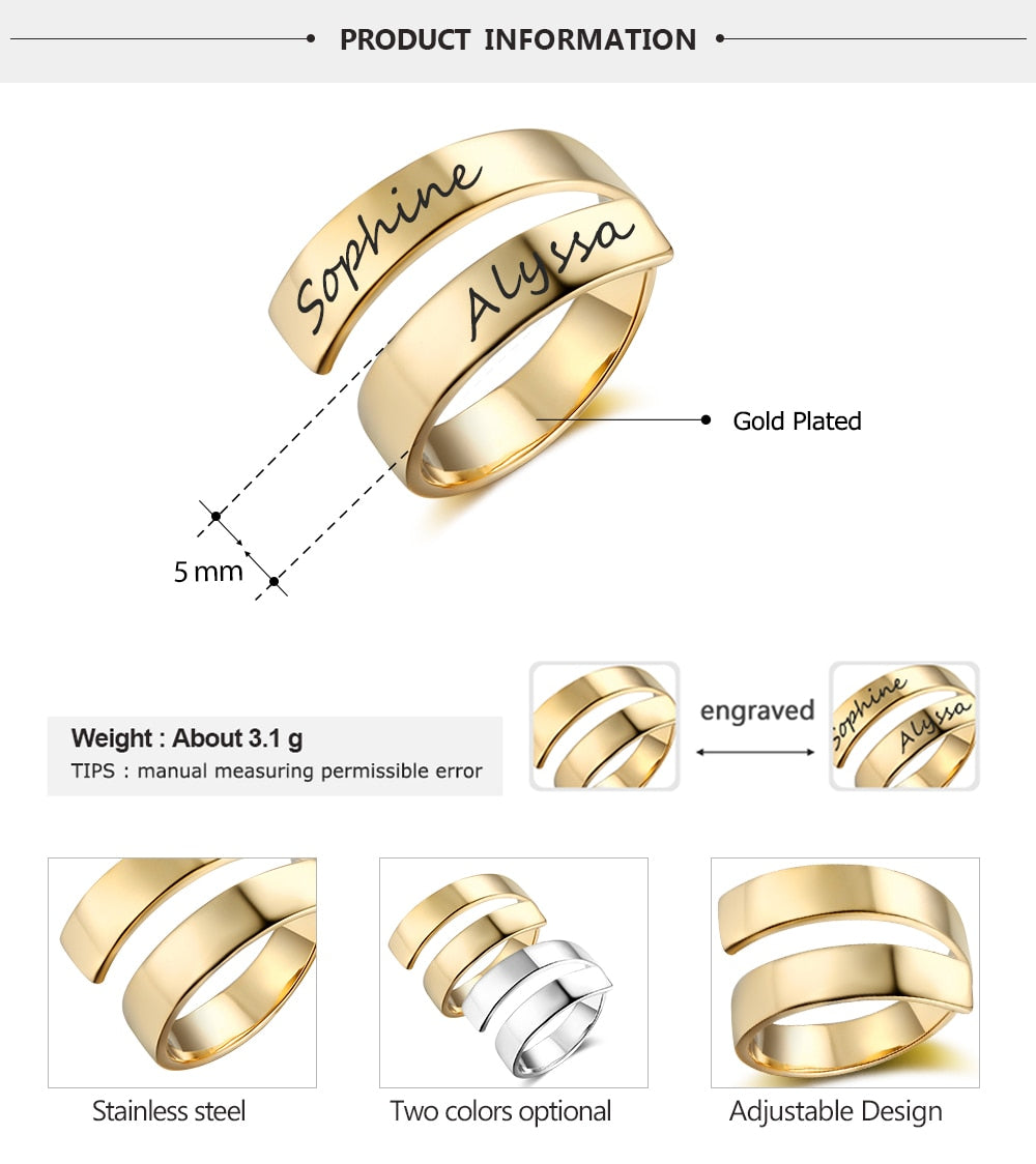 Personalized Gift Customized Engraved Name Stainless Steel Adjustable Rings for Women Anniversary Jewelry-Florence Scovel