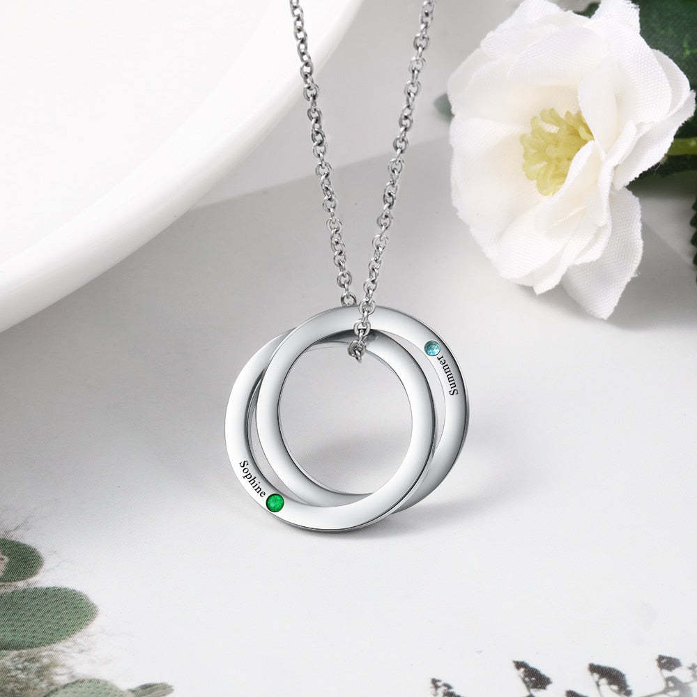 Personalized Double Circles Pendant with Birthstone Custom Name Engraved Stainless Steel Necklace Couple Gift-Florence Scovel