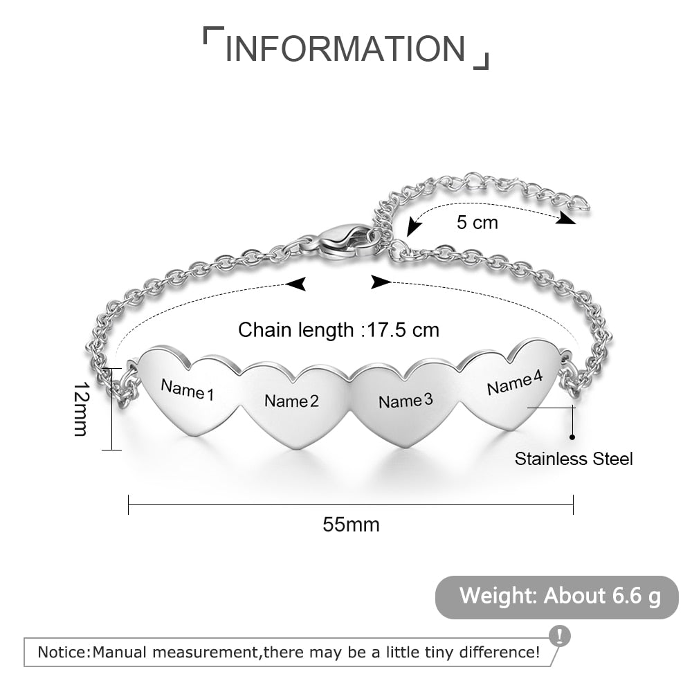 Customized 4 Hearts Charm Bracelets  for Women Stainless Steel Personalized Engraved Bracelets Custom Jewelry Gifts-Florence Scovel
