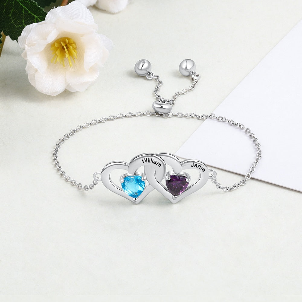 Customized 2 Birthstones Adjustable Chain Bracelet Personalized Intertwined Hearts Engraved Name Bracelets for Women-Florence Scovel