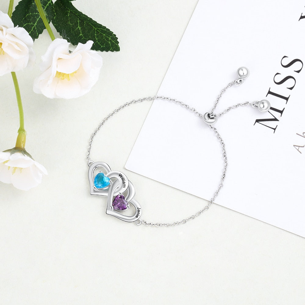 Customized 2 Birthstones Adjustable Chain Bracelet Personalized Intertwined Hearts Engraved Name Bracelets for Women-Florence Scovel