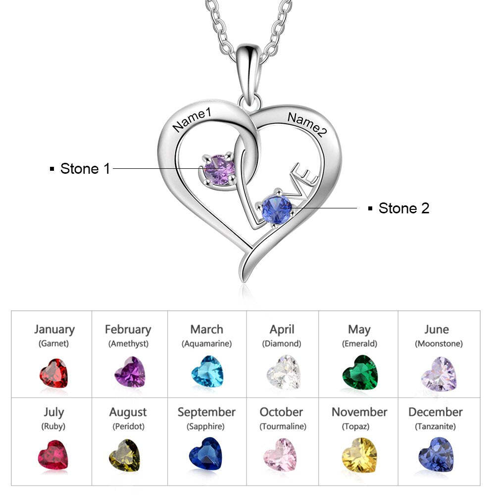 Personalized Heart Necklace with Birthstone "LOVE" - Mothers Gifts-Florence Scovel