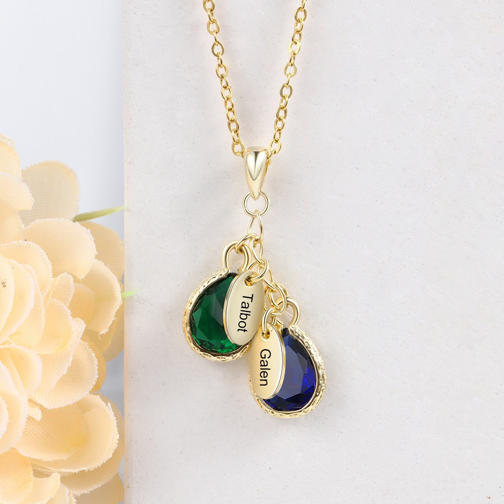 Personalized Name Necklace with 2 Birthstones Water Drop Customized Necklace Anniversary Jewelry-Florence Scovel