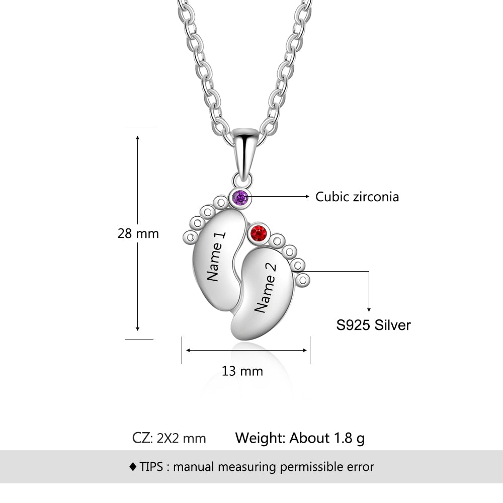 Customized Name Necklace with 2 Birthstones 925 Sterling Silver Personalized Baby Feet Engraved Necklace Gift-Florence Scovel