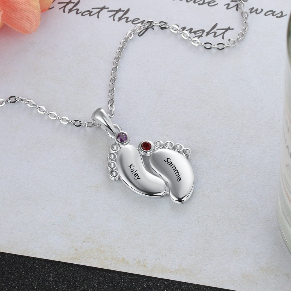 Customized Name Necklace with 2 Birthstones 925 Sterling Silver Personalized Baby Feet Engraved Necklace Gift-Florence Scovel