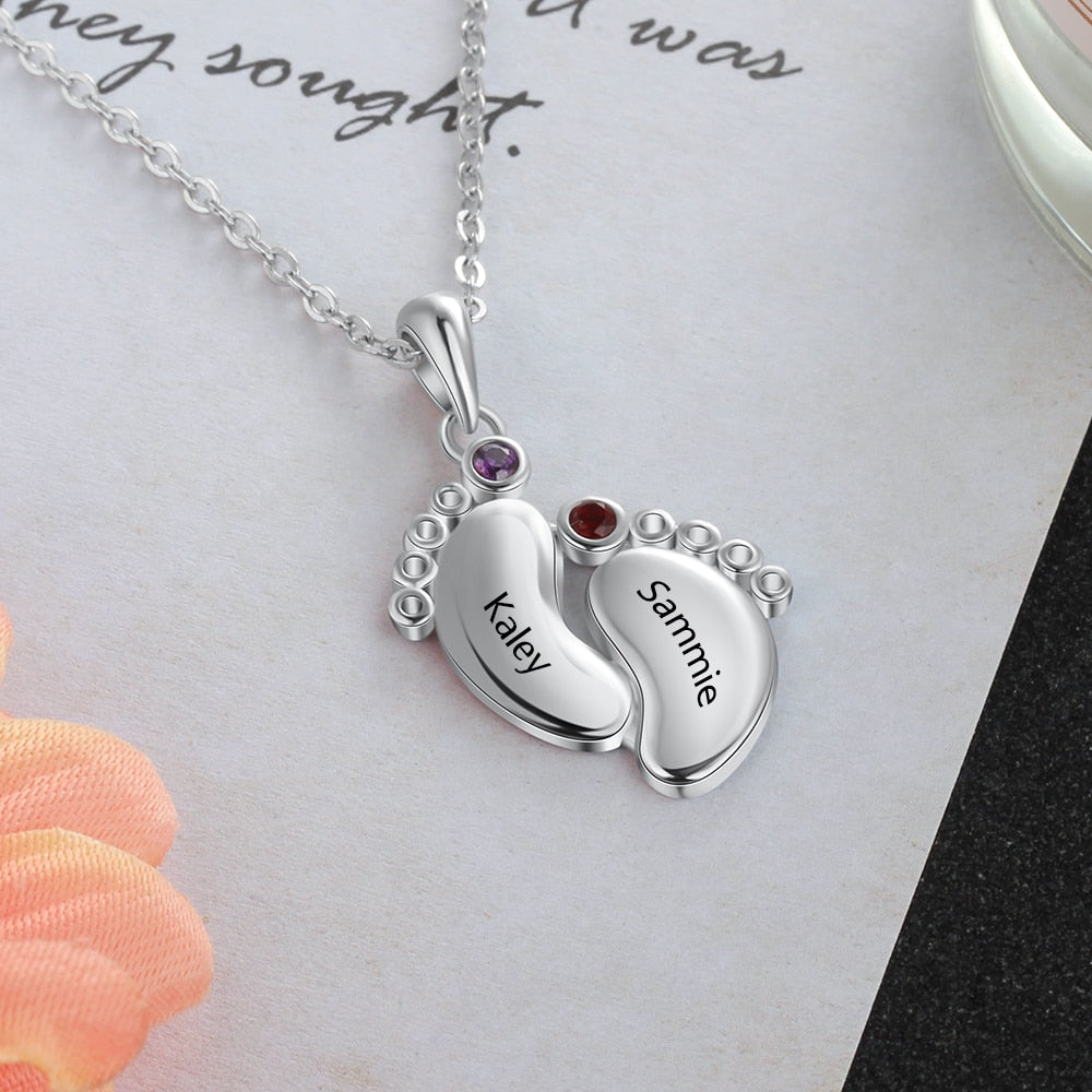 Customized Name Necklace with 2 Birthstones 925 Sterling Silver Personalized Baby Feet Engraved Necklace Gift-Florence Scovel