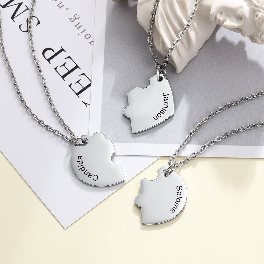 Personalized Stainless Steel Engraved Name Necklace Customized BFF Best Friends Necklace Set 3 Pieces Heart Necklace-Florence Scovel