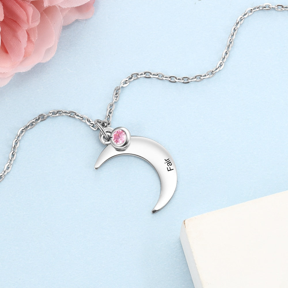 Personalized Stainless Steel Moon Necklace with Birthstone Customized Name Necklaces for Women Party Jewelry-Florence Scovel