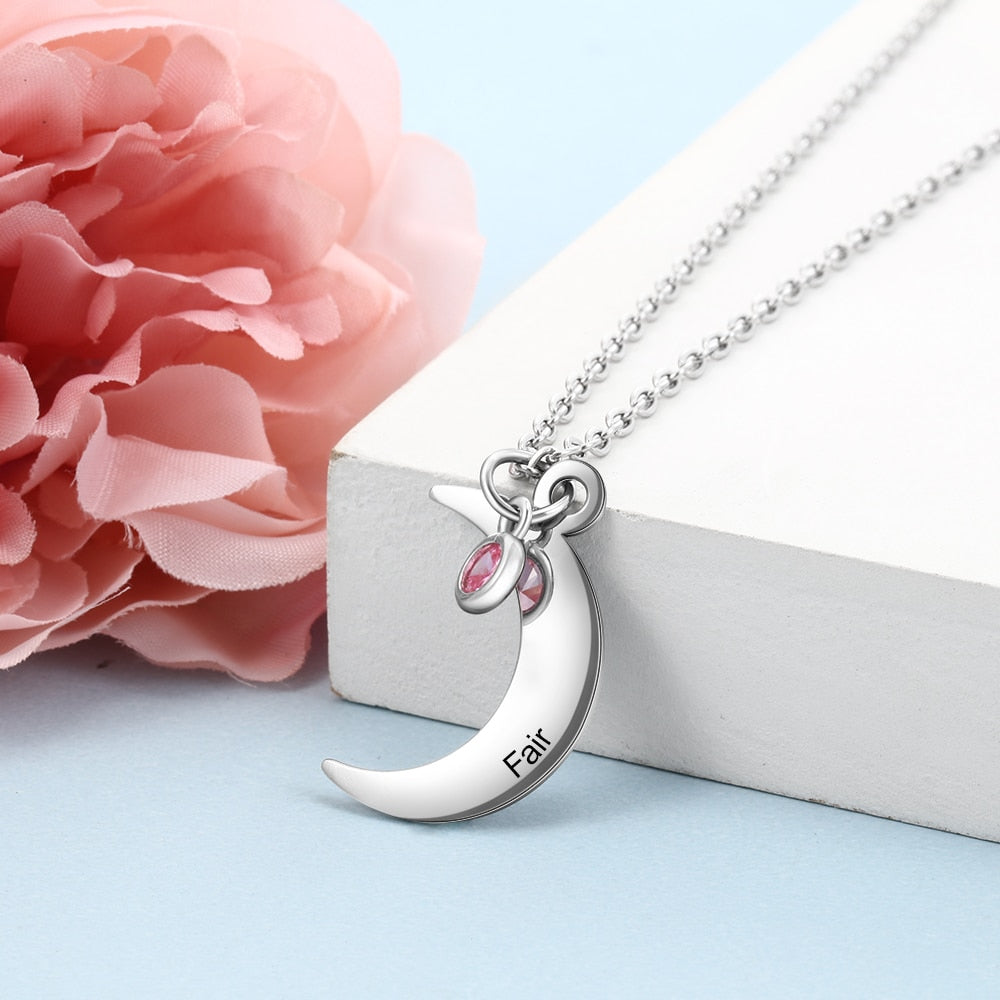 Personalized Stainless Steel Moon Necklace with Birthstone Customized Name Necklaces for Women Party Jewelry-Florence Scovel