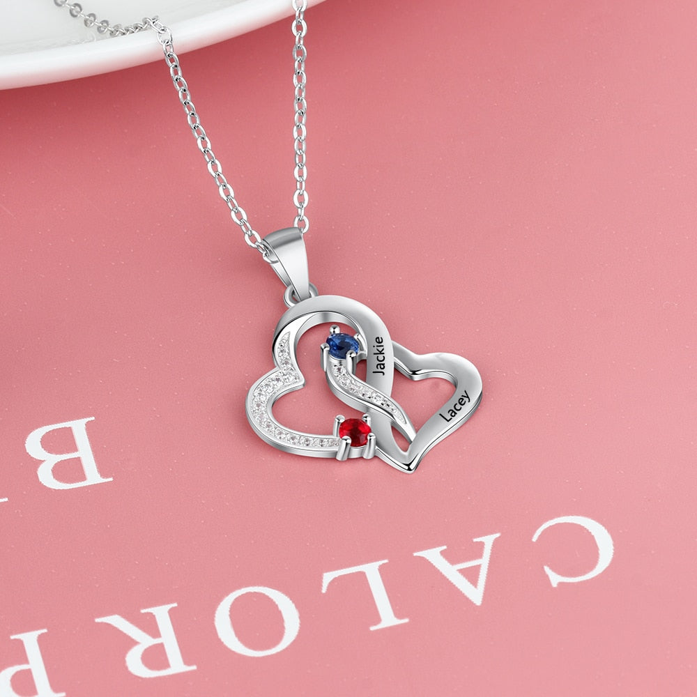 Personalized Engraved Pendant Necklaces for Women Customized 2 Birthstones Intertwined Heart Necklace Wedding Jewelry-Florence Scovel