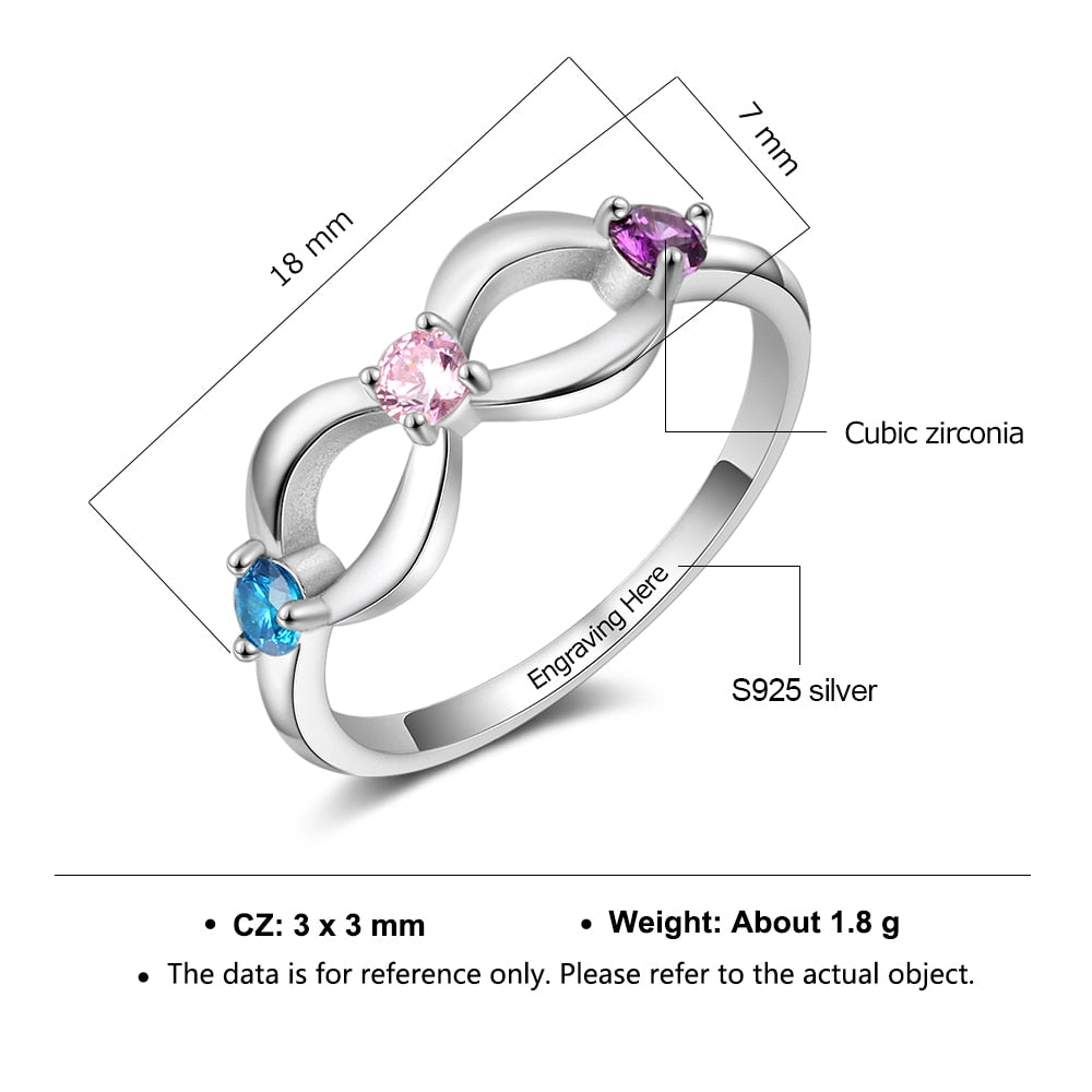 925 Sterling Silver Personalized Infinity Ring with 3 Birthstones Customized Inner Engraving Silver Rings for Women-Florence Scovel