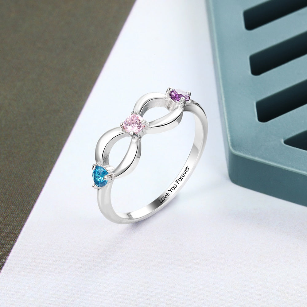 925 Sterling Silver Personalized Infinity Ring with 3 Birthstones Customized Inner Engraving Silver Rings for Women-Florence Scovel