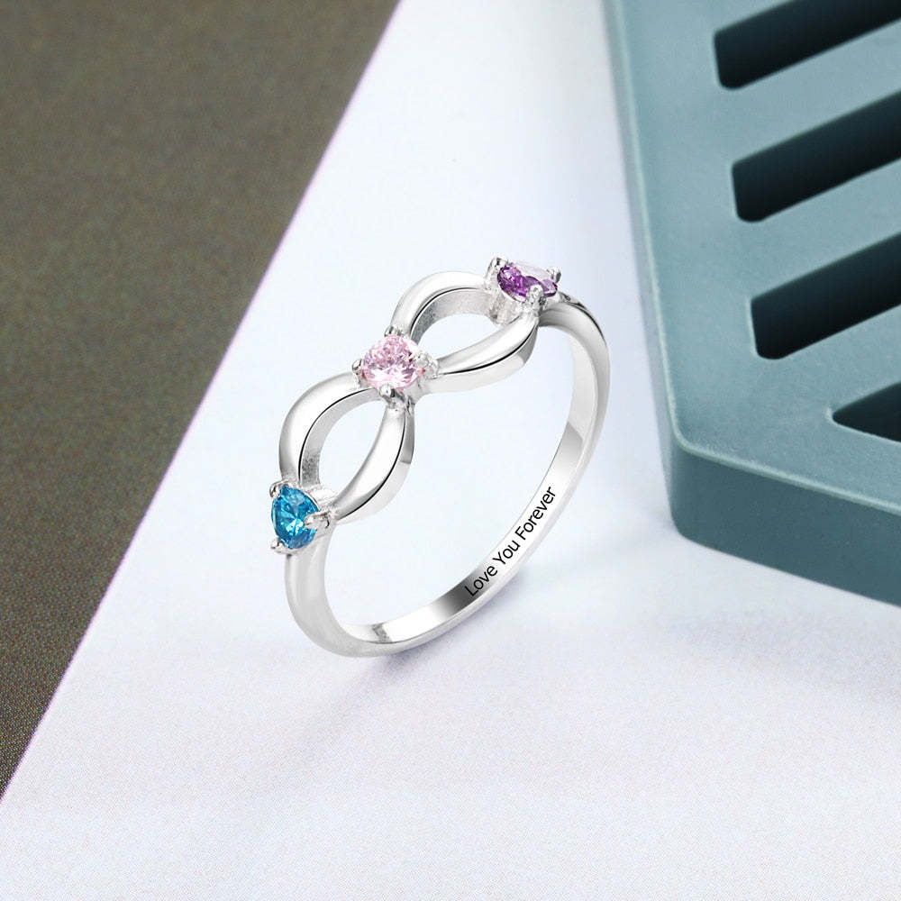 925 Sterling Silver Personalized Infinity Ring with 3 Birthstones Customized Inner Engraving Silver Rings for Women-Florence Scovel