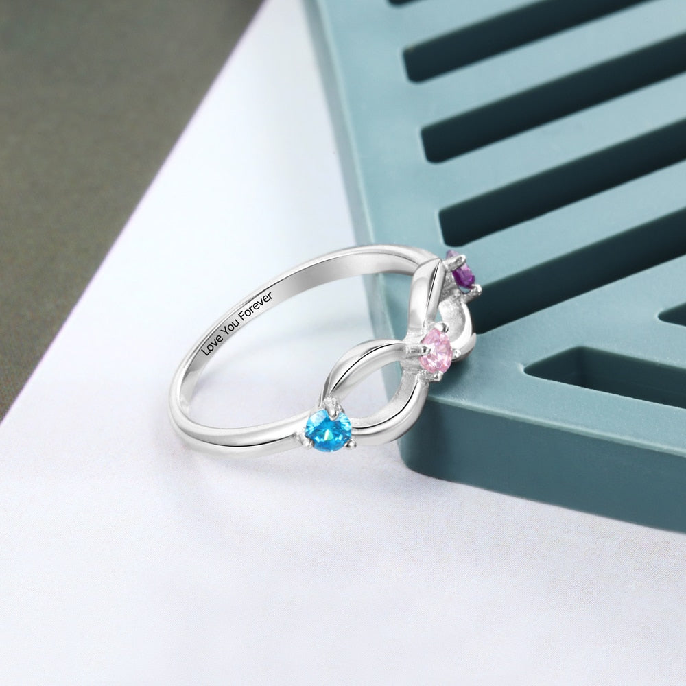 925 Sterling Silver Personalized Infinity Ring with 3 Birthstones Customized Inner Engraving Silver Rings for Women-Florence Scovel