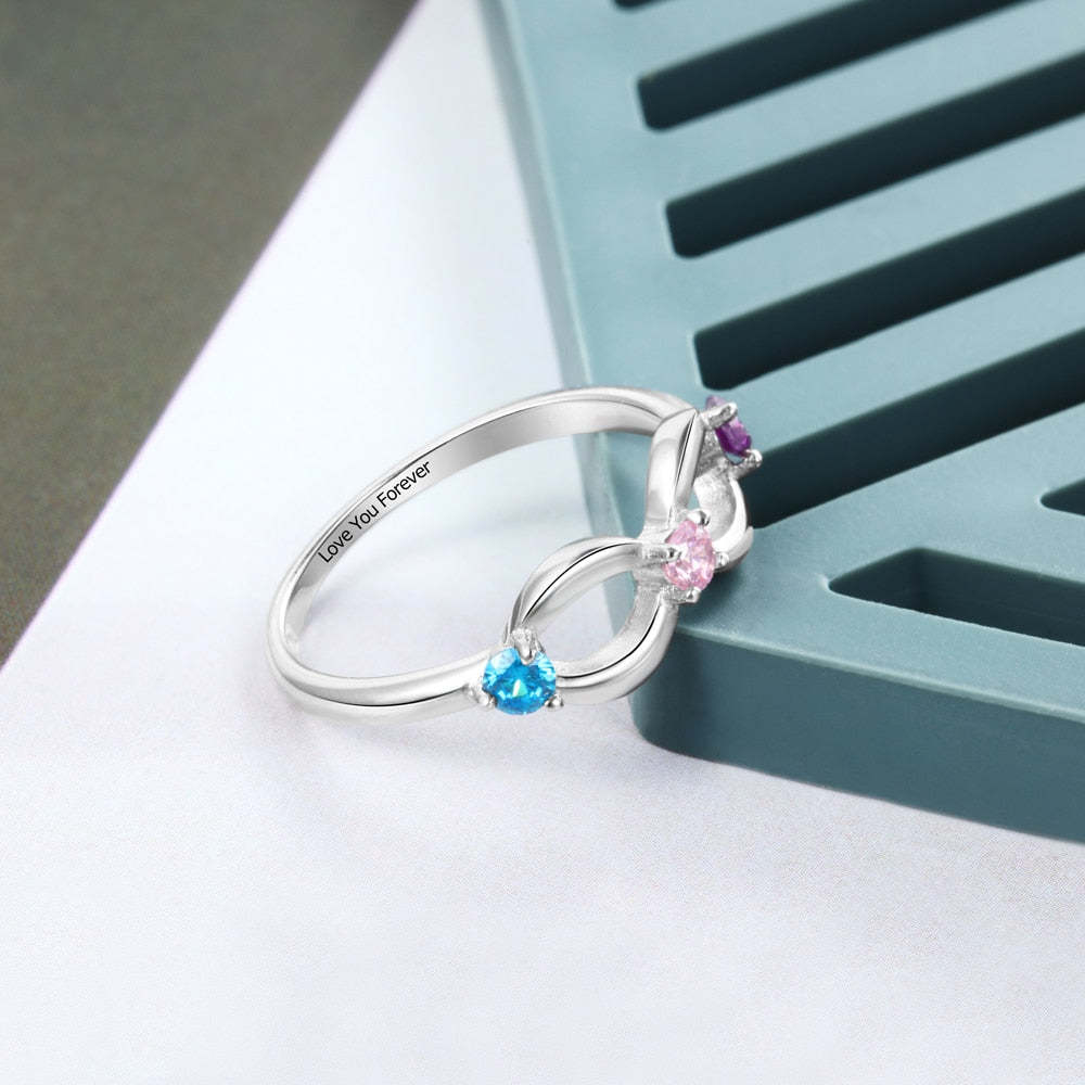 925 Sterling Silver Personalized Infinity Ring with 3 Birthstones Customized Inner Engraving Silver Rings for Women-Florence Scovel