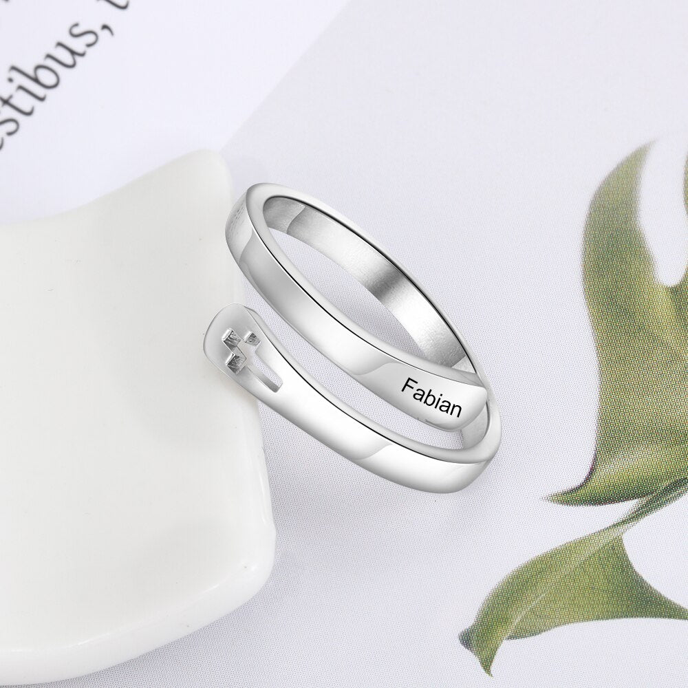 Customized Wrap Name Ring with Cross Resizable Stainless Steel Engraved Rings for Women Personalized Gift Jewelry-Florence Scovel