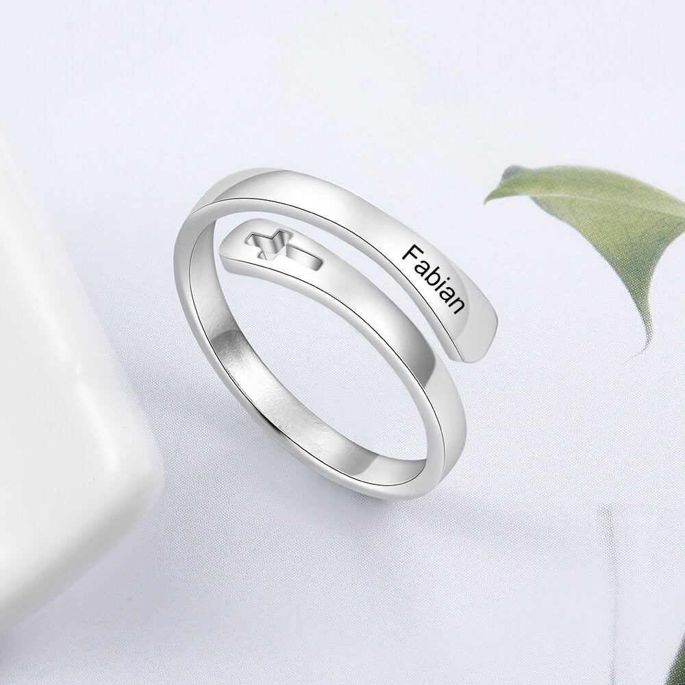 Customized Wrap Name Ring with Cross Resizable Stainless Steel Engraved Rings for Women Personalized Gift Jewelry-Florence Scovel