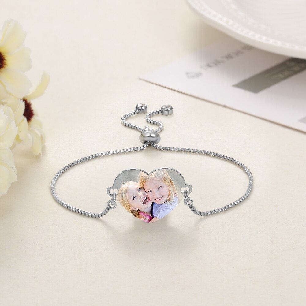 Customized Photo Engrave Name Bracelets for Women Personalized Stainless Steel Heart Adjustable Chain Bracelets Jewelry-Florence Scovel