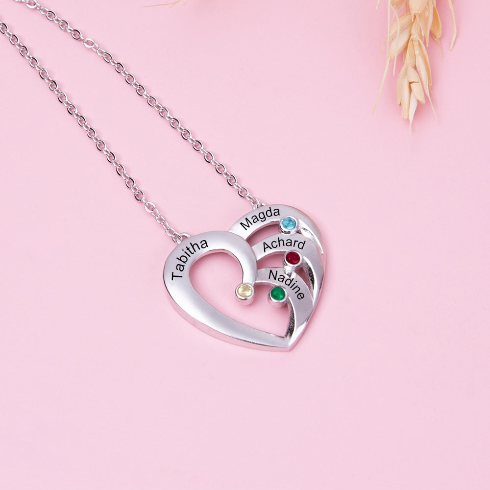 Personalized Heart Necklace with 4 Birthstones Customized Family Name Engraved Pendant Unique Anniversary Gift-Florence Scovel
