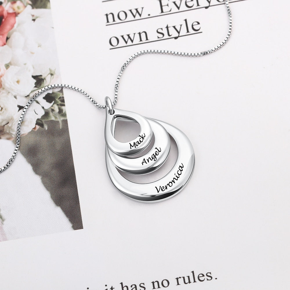 Personalized Engraving 3 Names Layered Water Drop Pendant Necklace Gift for Family-Florence Scovel