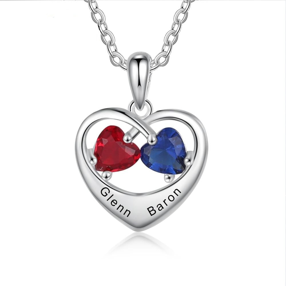 Romantic Customized Heart Pendant Necklace with 2 Birthstones Personalized Engraving Name Silver Color Jewelry Gifts-Florence Scovel