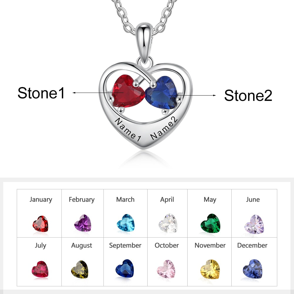 Romantic Customized Heart Pendant Necklace with 2 Birthstones Personalized Engraving Name Silver Color Jewelry Gifts-Florence Scovel