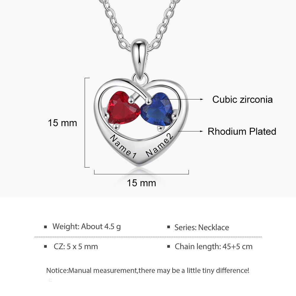 Romantic Customized Heart Pendant Necklace with 2 Birthstones Personalized Engraving Name Silver Color Jewelry Gifts-Florence Scovel