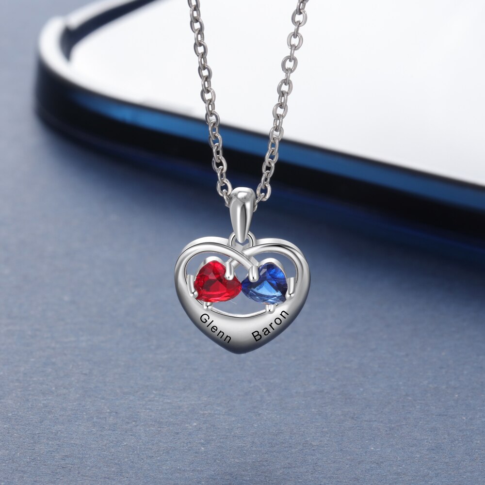 Romantic Customized Heart Pendant Necklace with 2 Birthstones Personalized Engraving Name Silver Color Jewelry Gifts-Florence Scovel