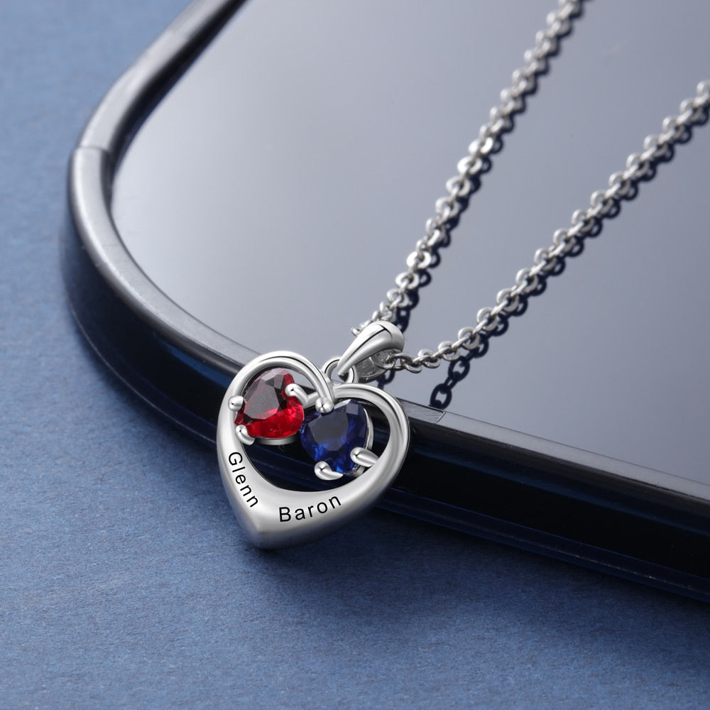 Romantic Customized Heart Pendant Necklace with 2 Birthstones Personalized Engraving Name Silver Color Jewelry Gifts-Florence Scovel