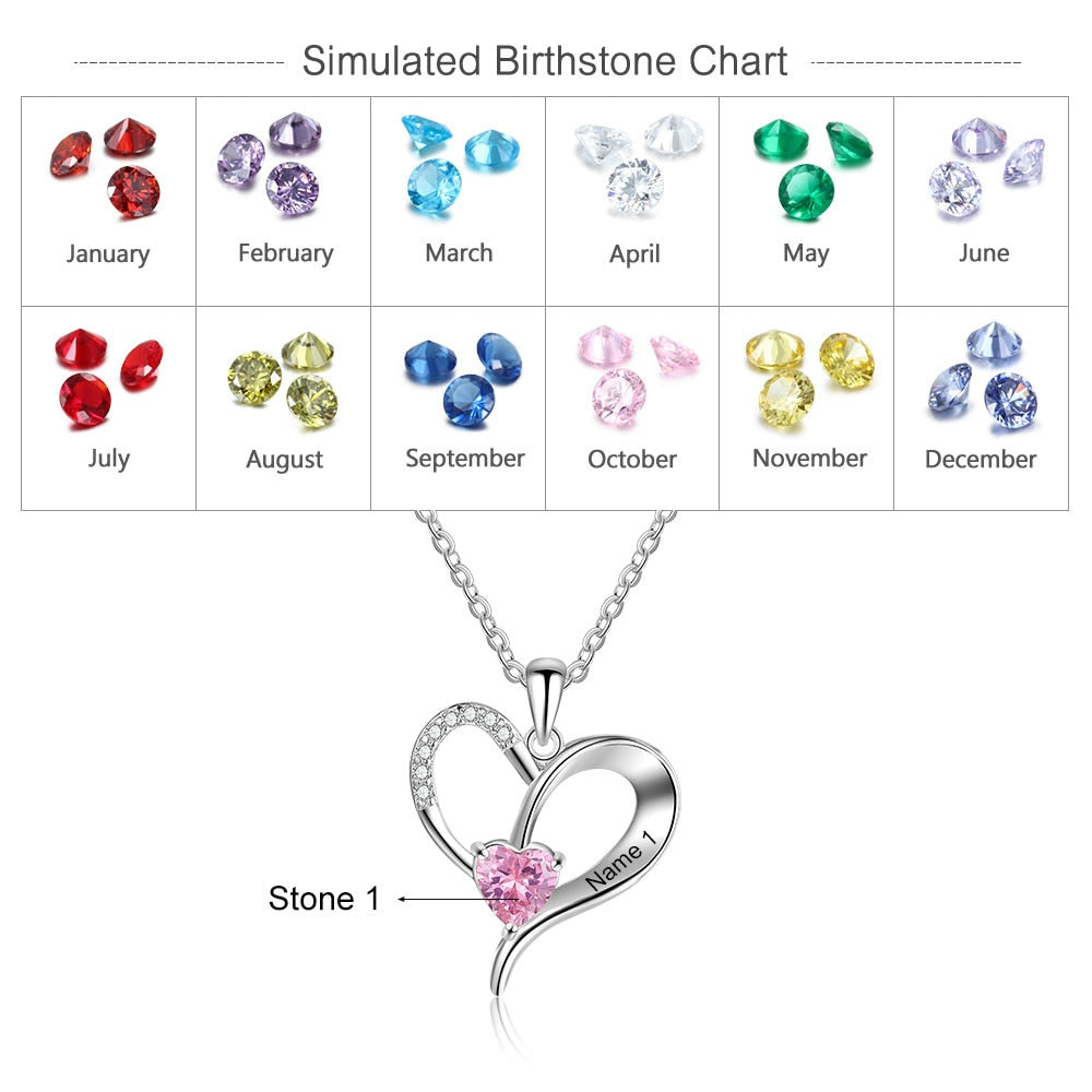Personalized Heart Necklaces for ladies Silver Color Customized Birthstone Engraving Name Charm Pendant Gifts for Women-Florence Scovel