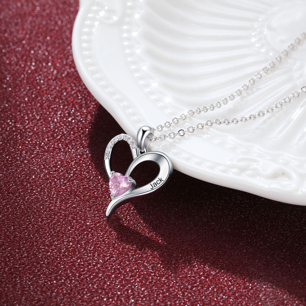 Personalized Heart Necklaces for ladies Silver Color Customized Birthstone Engraving Name Charm Pendant Gifts for Women-Florence Scovel