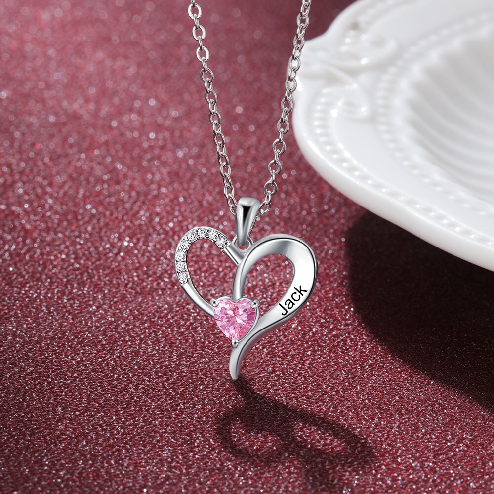 Personalized Heart Necklaces for ladies Silver Color Customized Birthstone Engraving Name Charm Pendant Gifts for Women-Florence Scovel