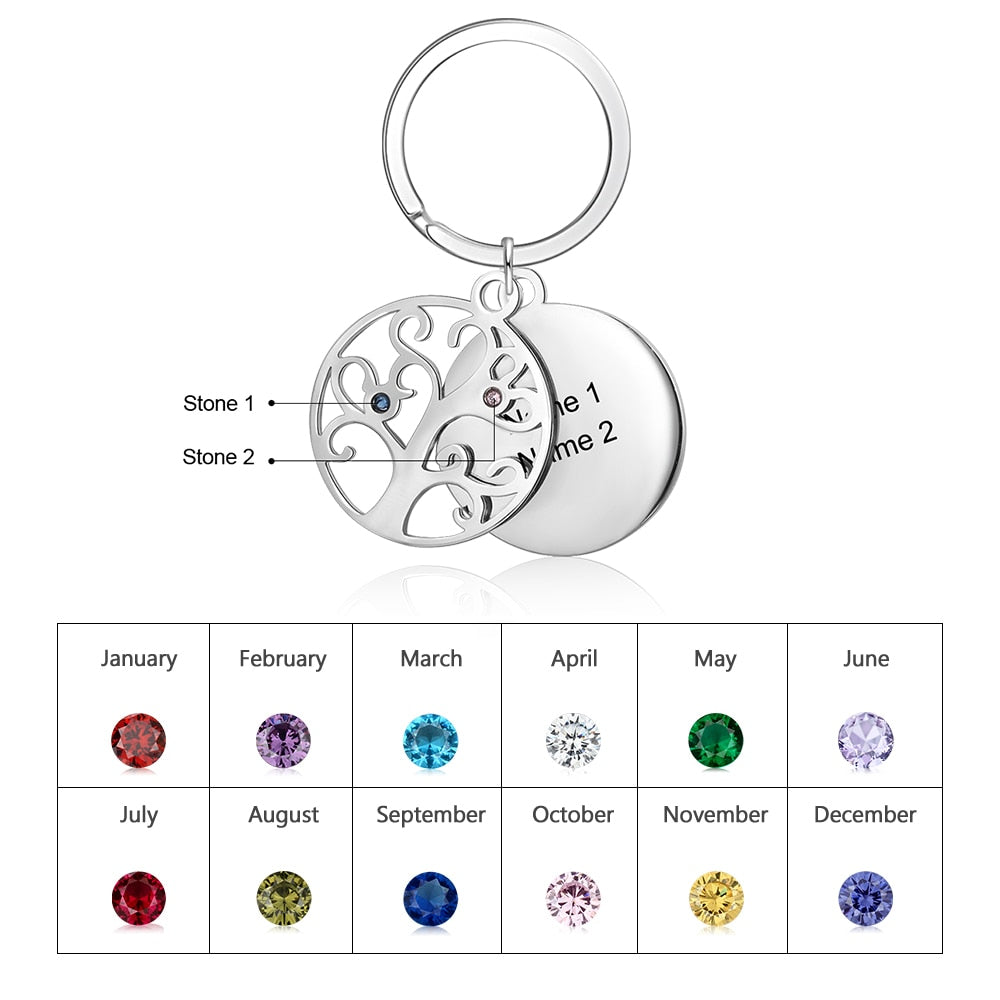 Personalized 2 Stones And 2 Names Engraved Tree of Life Keychains-Florence Scovel