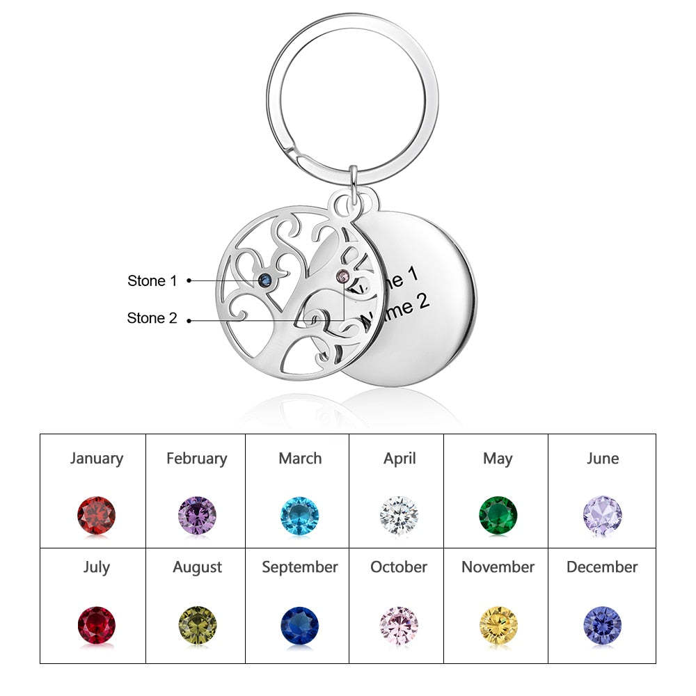 Personalized 2 Stones And 2 Names Engraved Tree of Life Keychains-Florence Scovel