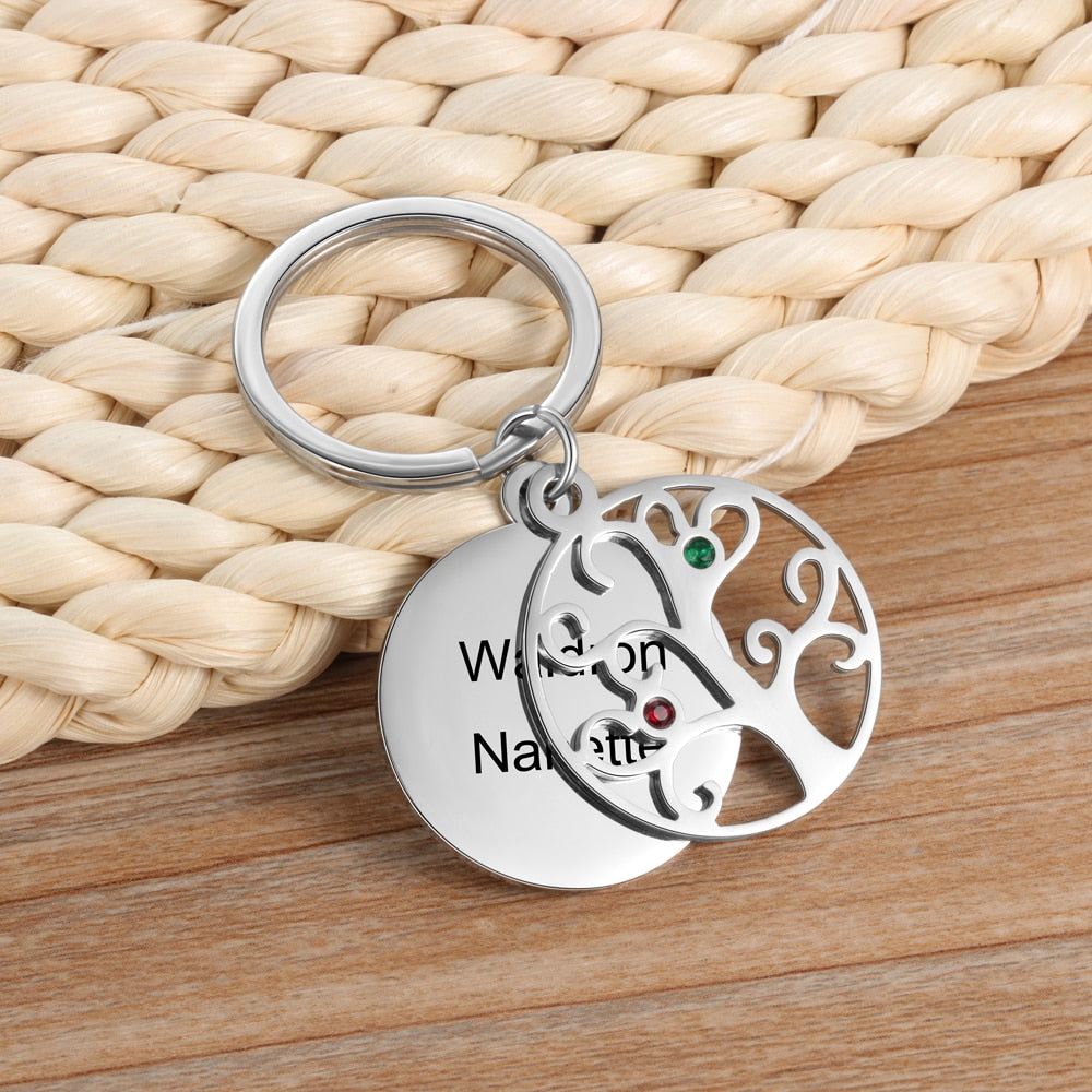 Personalized 2 Stones And 2 Names Engraved Tree of Life Keychains-Florence Scovel