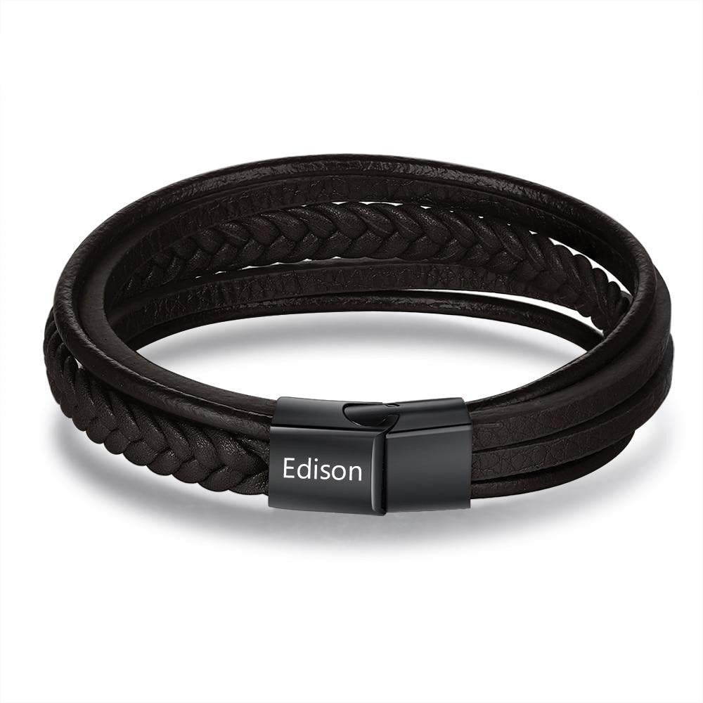 Personalized Braided Leather Engraved Name Men Bracelet-Florence Scovel