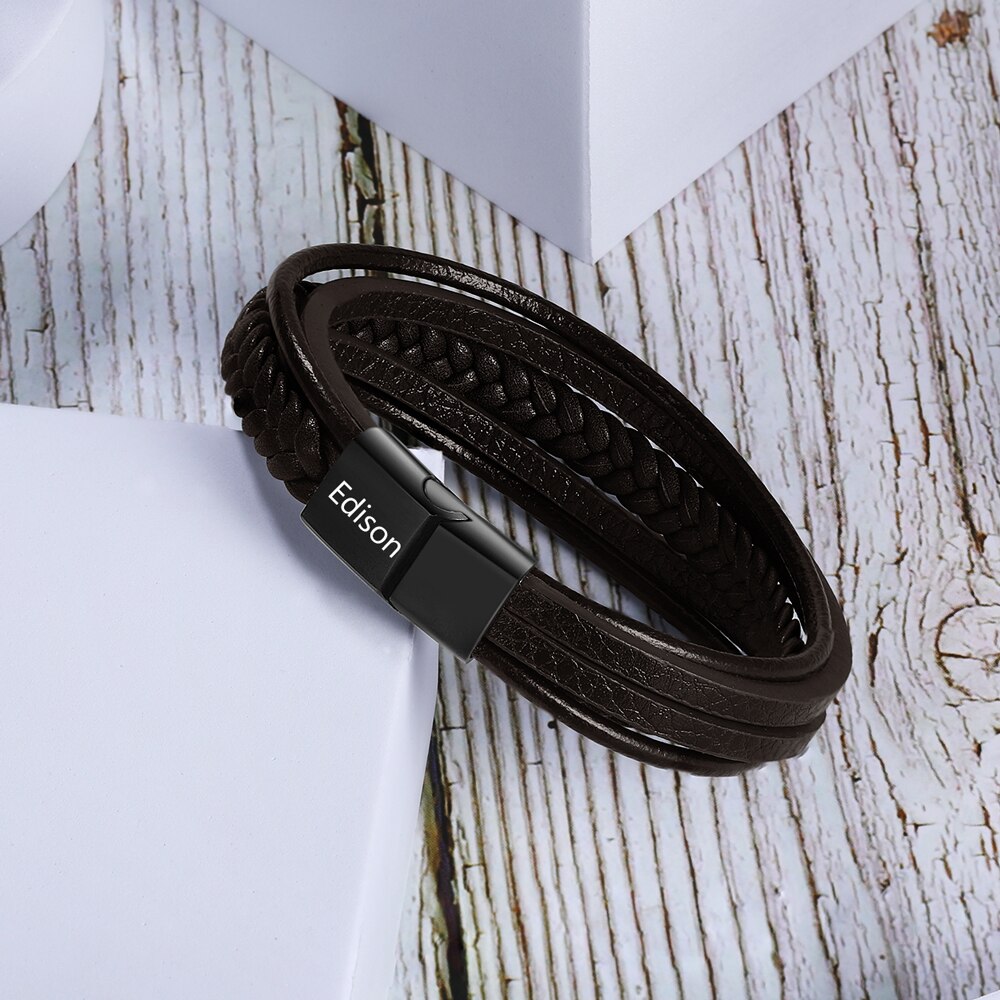 Personalized Braided Leather Engraved Name Men Bracelet-Florence Scovel