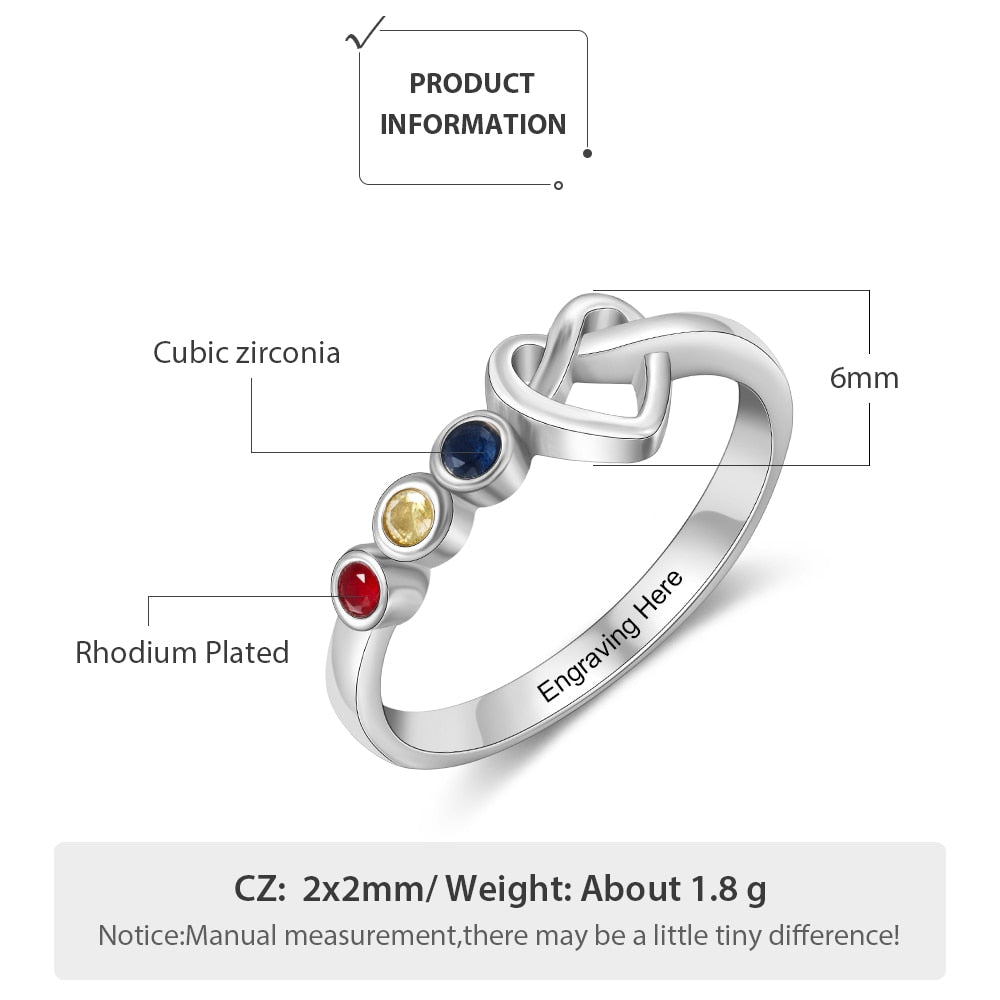 Personalized Engraving Heart Knot Rings for Women Customized 3 Birthstones Finger Ring Christmas Gifts for Mother-Florence Scovel