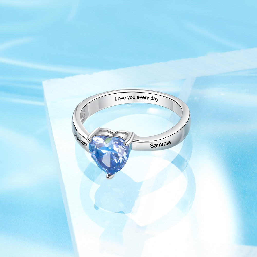 Personalized Name Engraved Silver Color Copper Ring Customized Heart Birthstone Rings for Women Birthday Couple Gifts-Florence Scovel