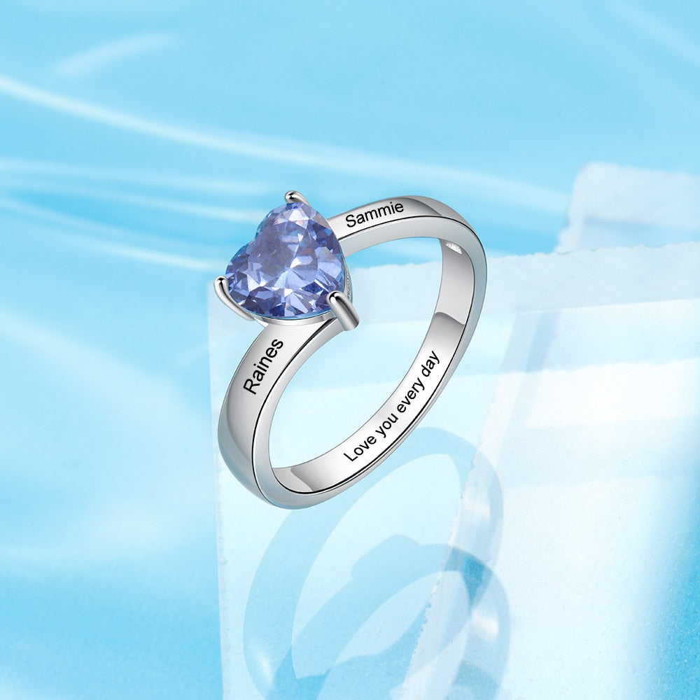 Personalized Name Engraved Silver Color Copper Ring Customized Heart Birthstone Rings for Women Birthday Couple Gifts-Florence Scovel