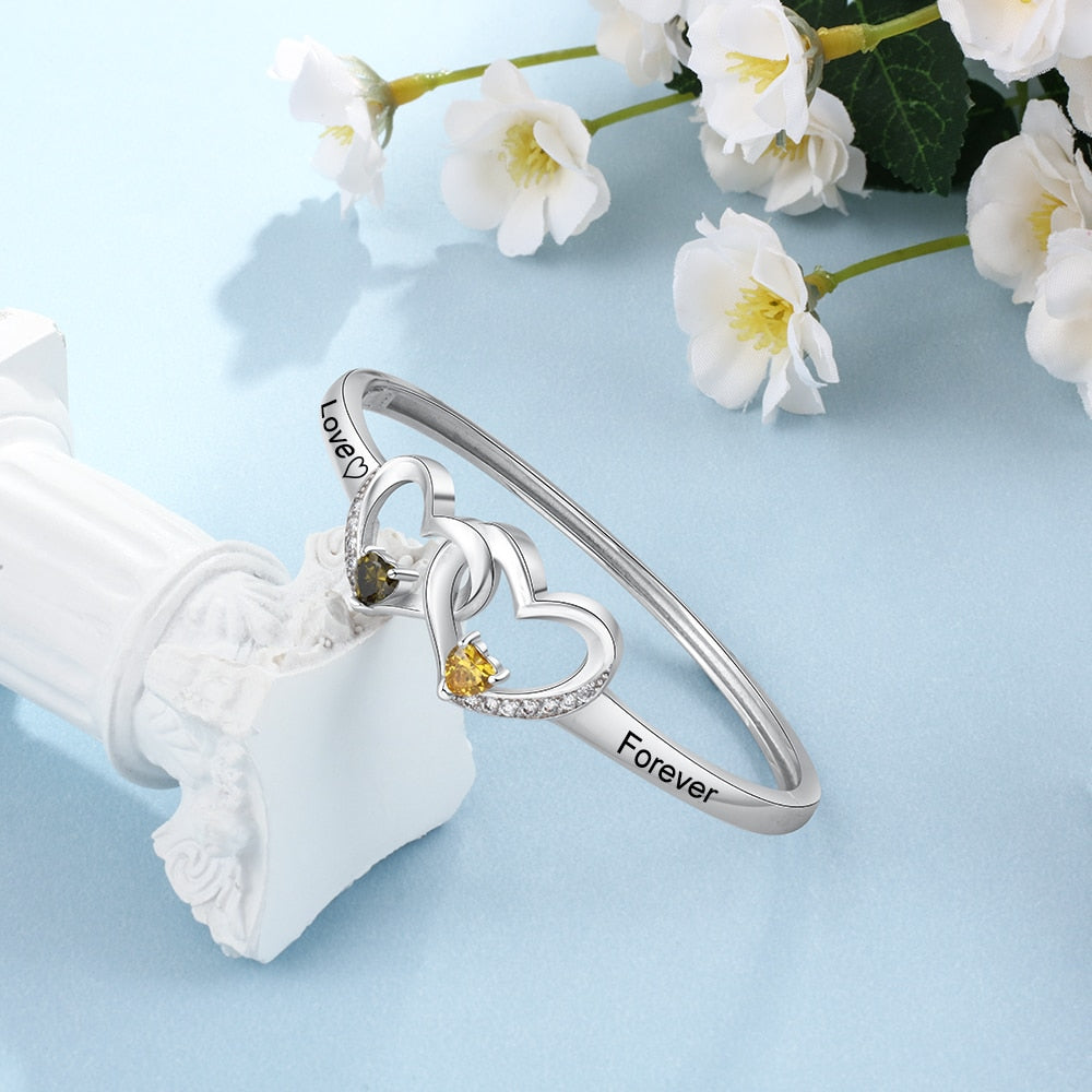 Personalized Silver Color Intertwined Heart Bracelets & Bangles with 2 Birthstones Customized Engrave Name Bracelets for Women-Florence Scovel