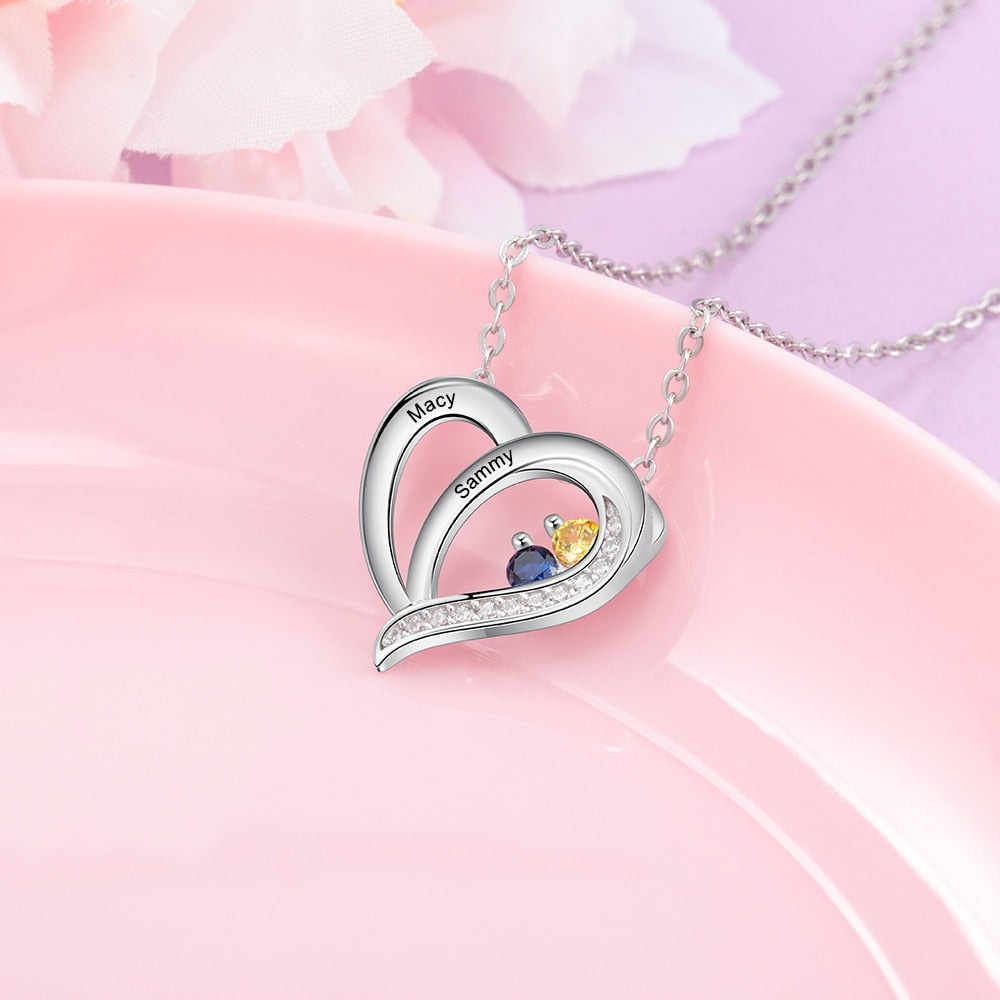 925 Sterling Silver Personalized Name Mothers Necklace with Birthstone Custom Engraved Heart Pendants S925 Fine Jewelry-Florence Scovel