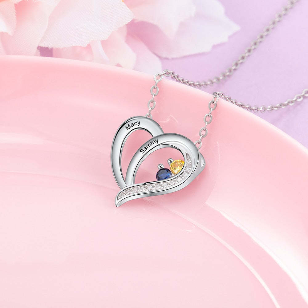 925 Sterling Silver Personalized Name Mothers Necklace with Birthstone Custom Engraved Heart Pendants S925 Fine Jewelry-Florence Scovel