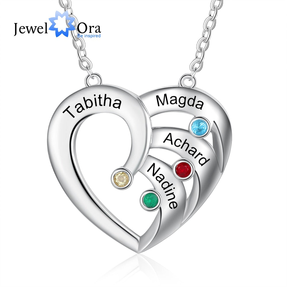 Personalized Heart Necklace with 4 Birthstones Customized Family Name Engraved Pendant Unique Anniversary Gift-Florence Scovel