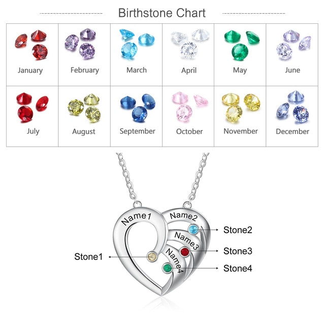 Personalized Heart Necklace with 4 Birthstones Customized Family Name Engraved Pendant Unique Anniversary Gift-Florence Scovel