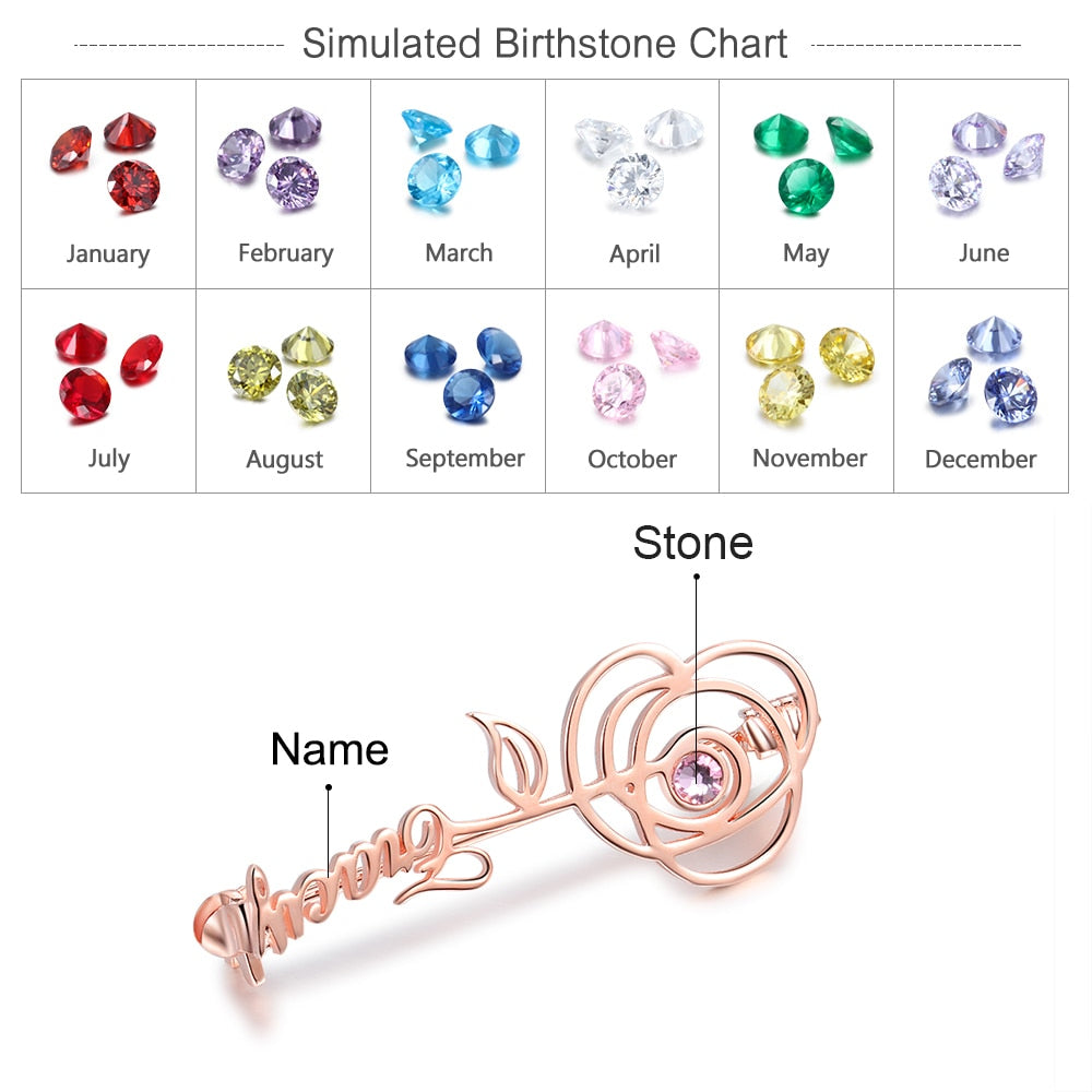 Personalized Name Brooches for Women Elegant Customized Birthstone Rose Flower Leaf Brooch Gifts for Mother-Florence Scovel