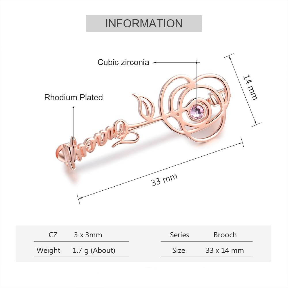 Personalized Name Brooches for Women Elegant Customized Birthstone Rose Flower Leaf Brooch Gifts for Mother-Florence Scovel