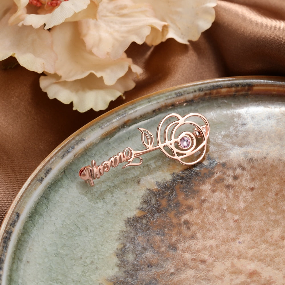 Personalized Name Brooches for Women Elegant Customized Birthstone Rose Flower Leaf Brooch Gifts for Mother-Florence Scovel